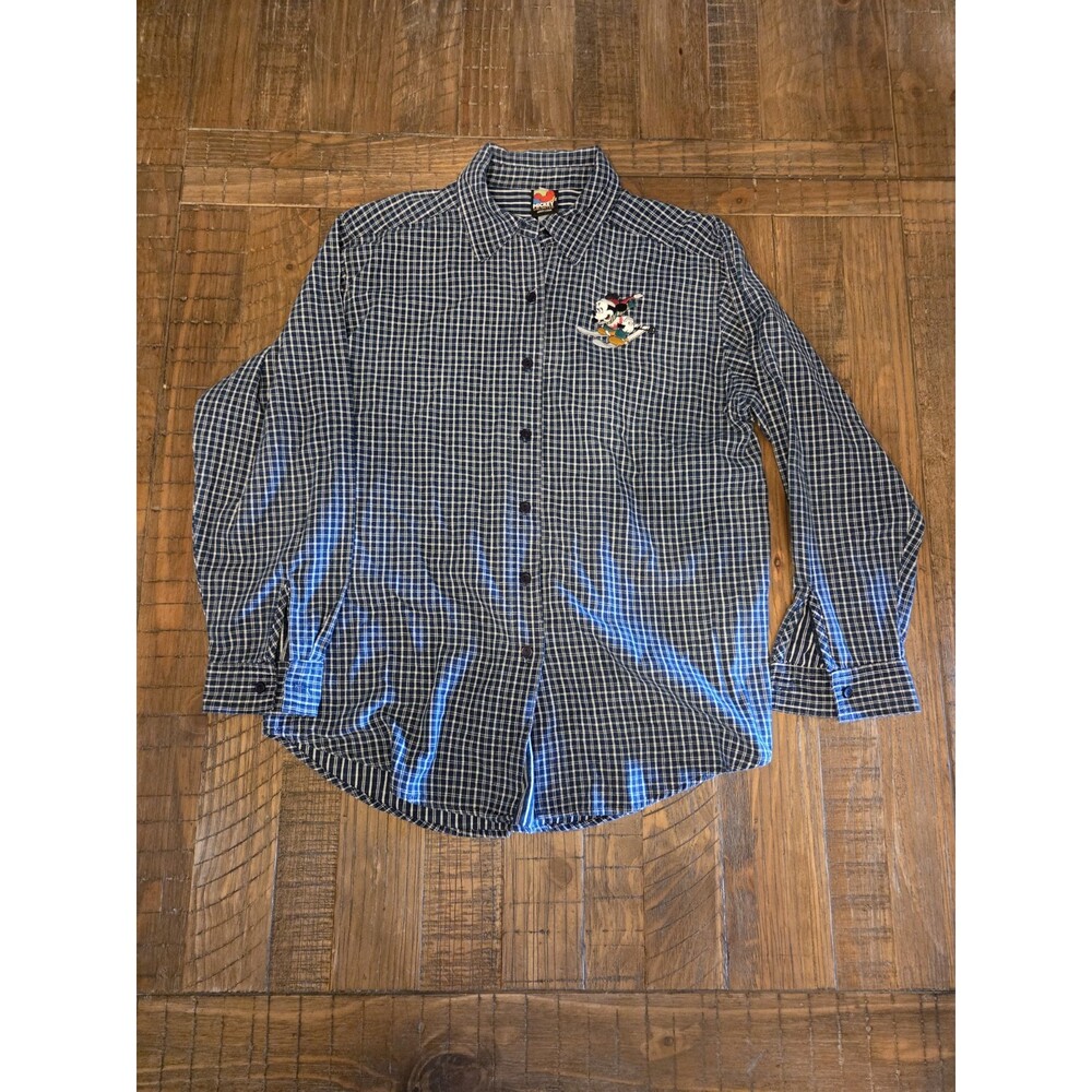 VTG Disney Mickey Mouse Button Shirt Womens L Blue Plaid Embroidered Jerry Leigh